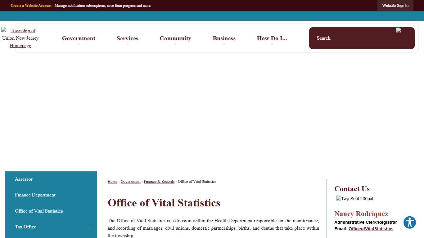 Office of Vital Statistics | Union Township, NJ - Official Website