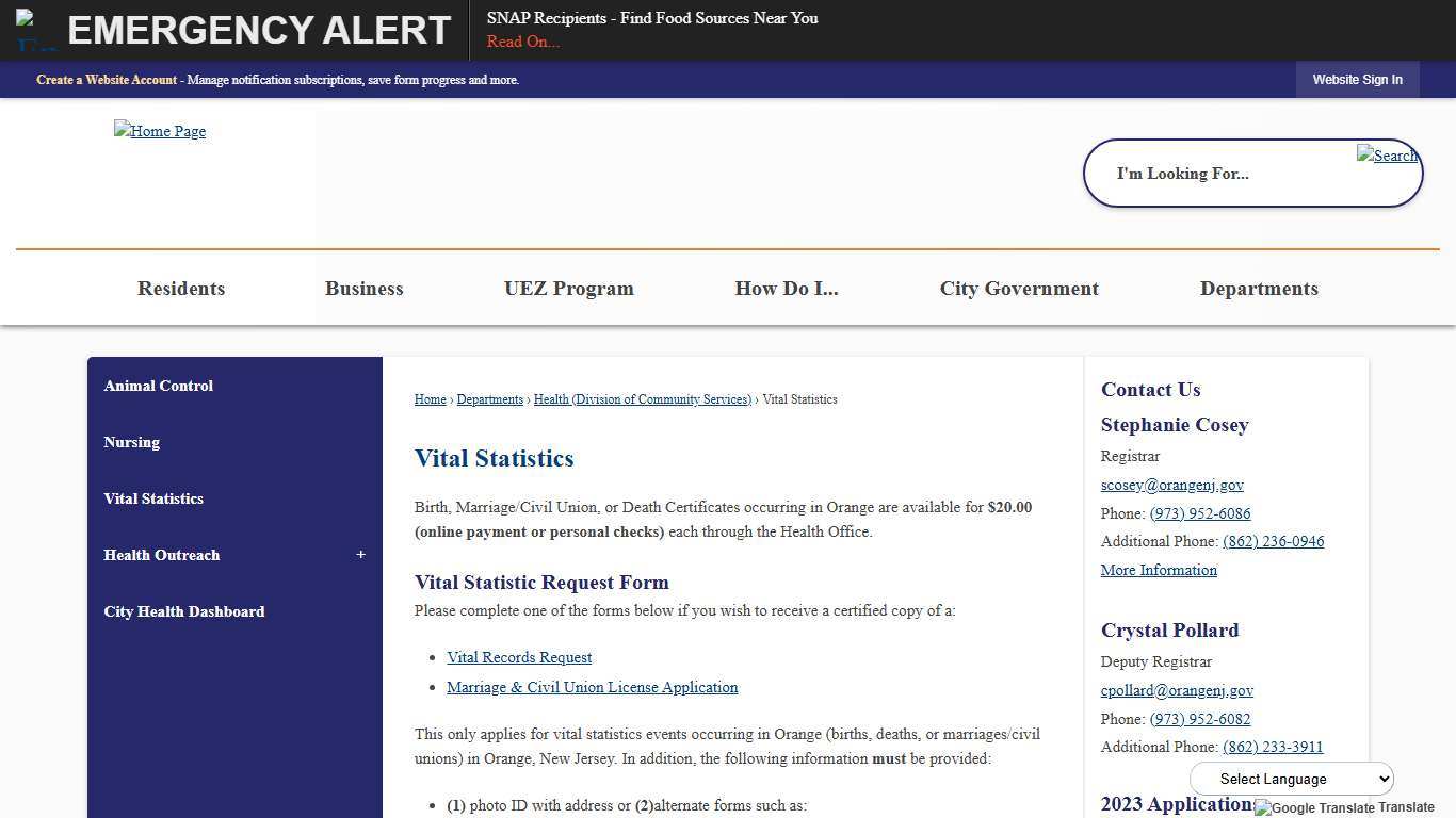 Vital Statistics | Orange City Township, NJ