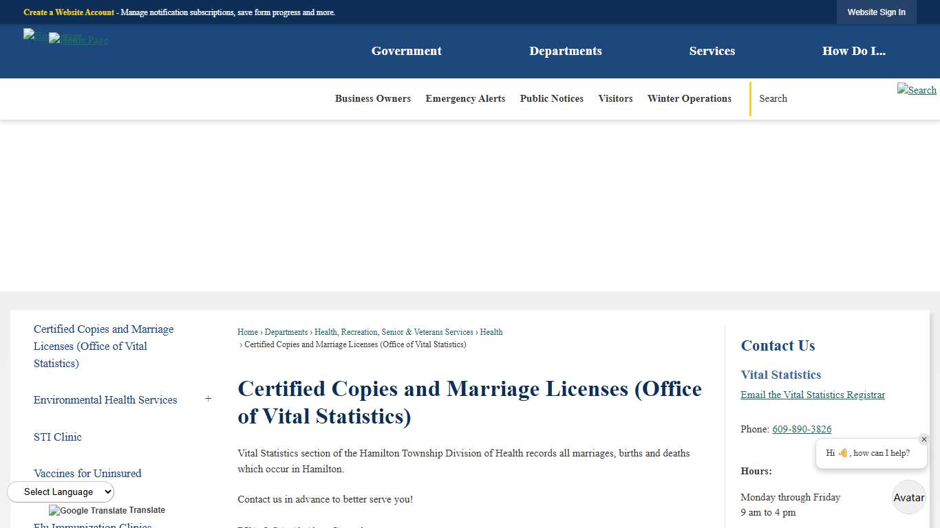 Certified Copies and Marriage Licenses (Office of Vital Statistics) | Hamilton Township, NJ